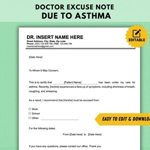 Plantilla de nota de excusa médica por asma, plantilla editable de nota de excusa médica para médicos ortopédicos Nota por asma para el trabajo o la escuela