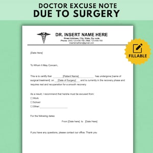 Nota de excusa médica para cirugía, nota médica para el trabajo, carta de excusa médica, nota de excusa escolar, nota de excusa médica en formato Word y PDF