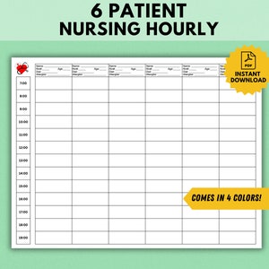 Peut inclure: Un tableau d'horaire de soins infirmiers imprimable pour six patients. Le tableau comprend un espace pour le nom du patient, l'âge, les allergies et le numéro de chambre. Le tableau est divisé en intervalles horaires de 7h00 à 19h00.