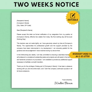 Notice Letter, Two Weeks Notice Letter, Resignation Letter Template Editable, Simple Resignation Letter for Professionals Editable