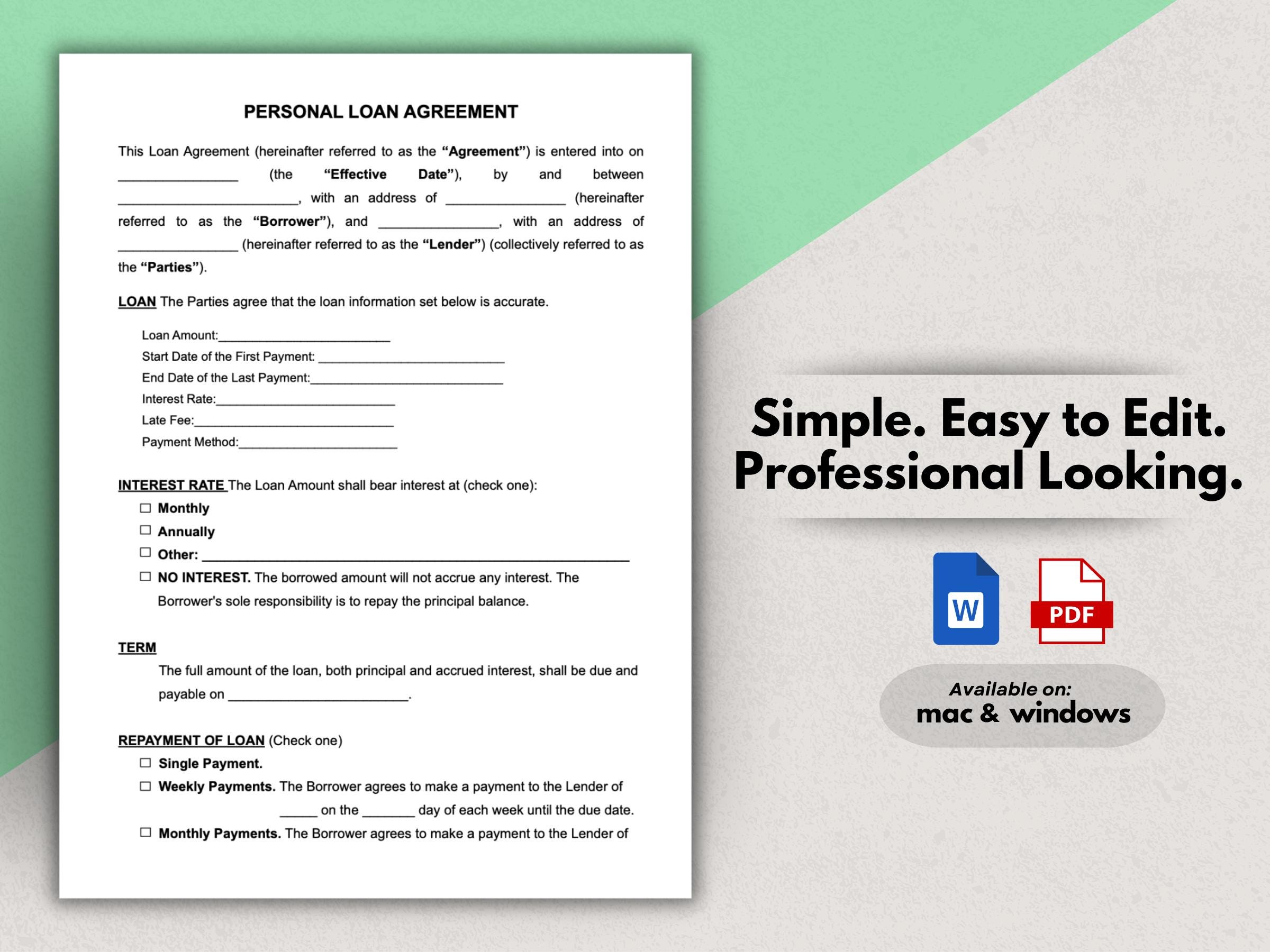 Personal Loan Agreement Template: Editable Loan Contract (PDF & Word ...