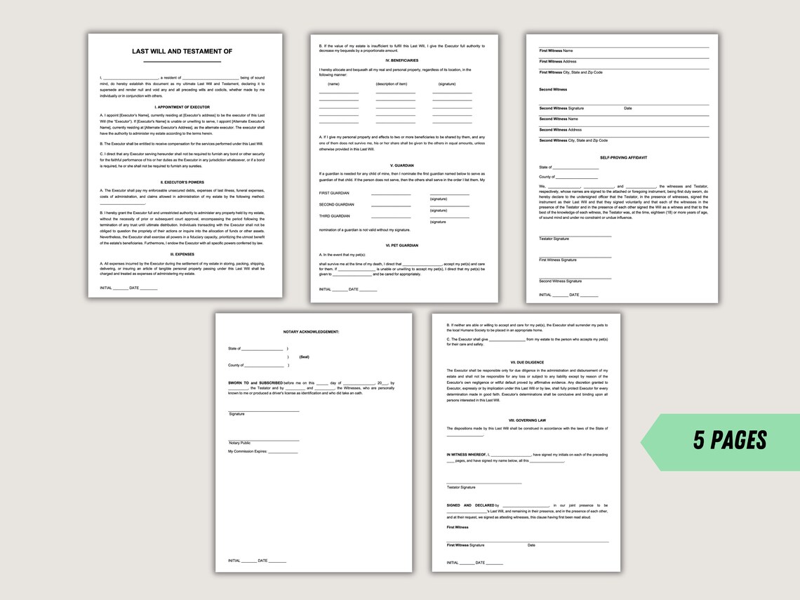 Editable Last Will and Testament Template Legal Document Estate