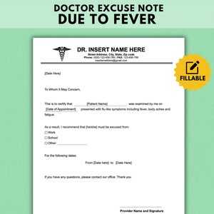 Nota de excusa médica rellenable debido a fiebre, nota médica para el trabajo, carta de excusa médica, nota de excusa escolar, nota de excusa médica en formato Word y PDF