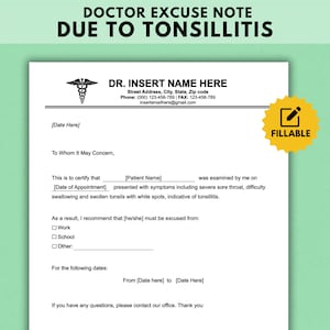 Fillable Doctor Excuse Note Due to Tonsillitis, Doctors Note for Work, Doctor Excuse Letter, School Excuse Note, Doctor Excuse Note Word PDF