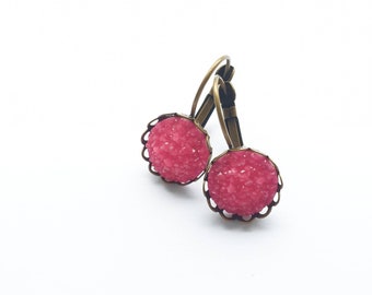 Deep pink faux druzy lever back earrings.