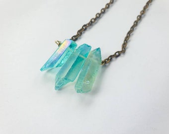 Raw Aura Titanium Quartz Crystal Necklace Blue rainbow