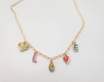 Love multi coloured rainbow charm necklace| Charm necklace on 18" gold finish chain