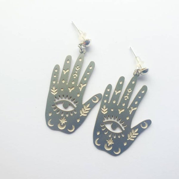 Evil eye charm earrings| Hand Earrings| laser cut earrings