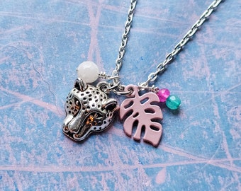 Big Cat leopard charm necklace with jade and Rose quartz