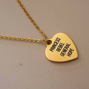 Princess, General, Rebel, Hope necklace Gold Heart Charm necklace inspired by Princess Leia image 1