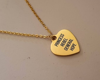 Princess, General, Rebel, Hope necklace| Gold Heart Charm necklace inspired by Princess Leia