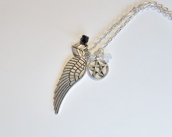 Good and Bad Angel  necklace| Charm necklace on 18"  silver finish chain with angel wing, pentagram | Inspired by Good Omens.