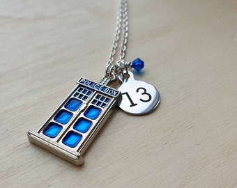 Thirteen charm necklace inspired by Doctor Who | Thirteenth Doctor necklace | Police Box Necklace.