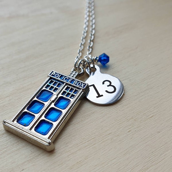 Thirteen charm necklace inspired by Doctor Who | Thirteenth Doctor necklace | Police Box Necklace.