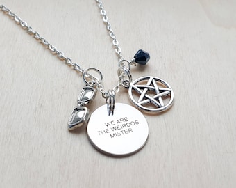 We are the Weirdos, Mister| Charm necklace on 18"  silver finish chain with pentagram and shades charms.  Inspired by The Craft.