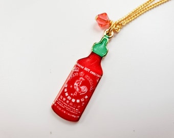 Sriracha necklace. Hot sauce necklace 18" gold plated chain | Chilli lover gift