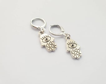 huggie mini hoop earrings with hamsa evil eye charm