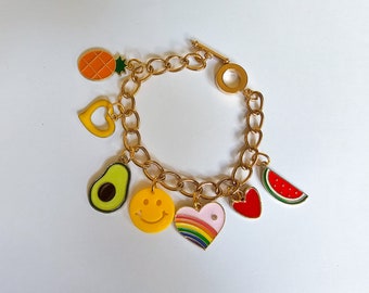 Enamel Charm Bracelet with Heart, Chilli, Noodle Charms