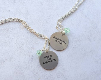 Everything is fine! / This is the bad place double sided necklace | Charm necklace on 17.5  silver finish chain inspired by the good place.