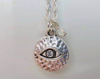 Silver  evil eye necklace with crystal| Evil eye pendant| Disc coin necklace