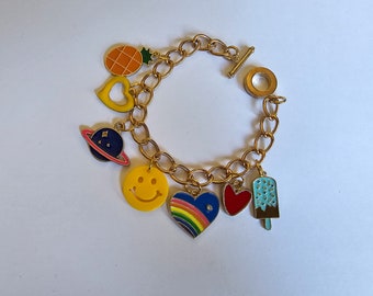 Enamel Charm Bracelet with Hearts,  Pineapple, planet and smiley face Charms