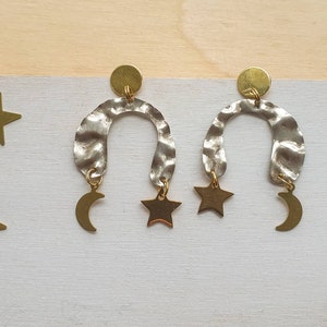 Selene night sky earrings. U shaped asymmetric arch earrings in silver and gold with moon and stars image 2