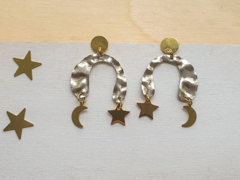 Selene night sky earrings. U shaped asymmetric arch earrings in silver and gold with moon and stars image 2