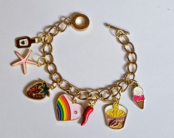 Enamel Charm Bracelet with Heart, Chilli, Noodle Charms