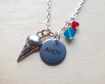 Scoops Ahoy necklace| Charm necklace on 18" silver plate chain with ice cream charm and red and blue crystals.  Inspired by Stranger Things.