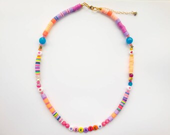 Skater beaded heishi necklace with polymer clay, jade and agate beads