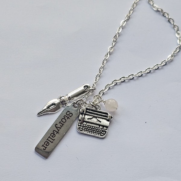 Storyteller necklace with rose quartz| Charm necklace with typewriter and pen charms.  Writer gift