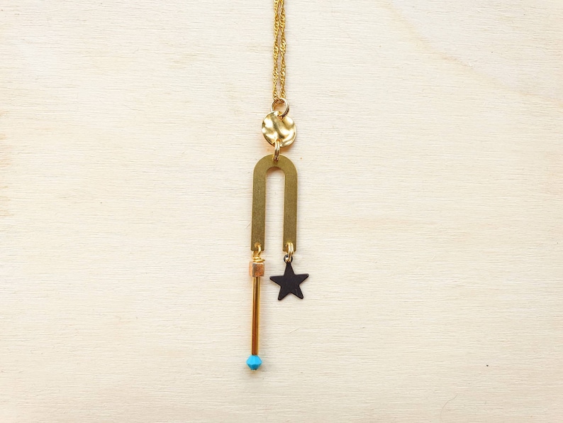 Star necklace with geometric elements on 18 gold plated chain with turquoise crystal bead accent Celestial Geometric necklace