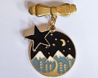 Winter night sky| enamel brooch on vintage brass bow pin| star pin