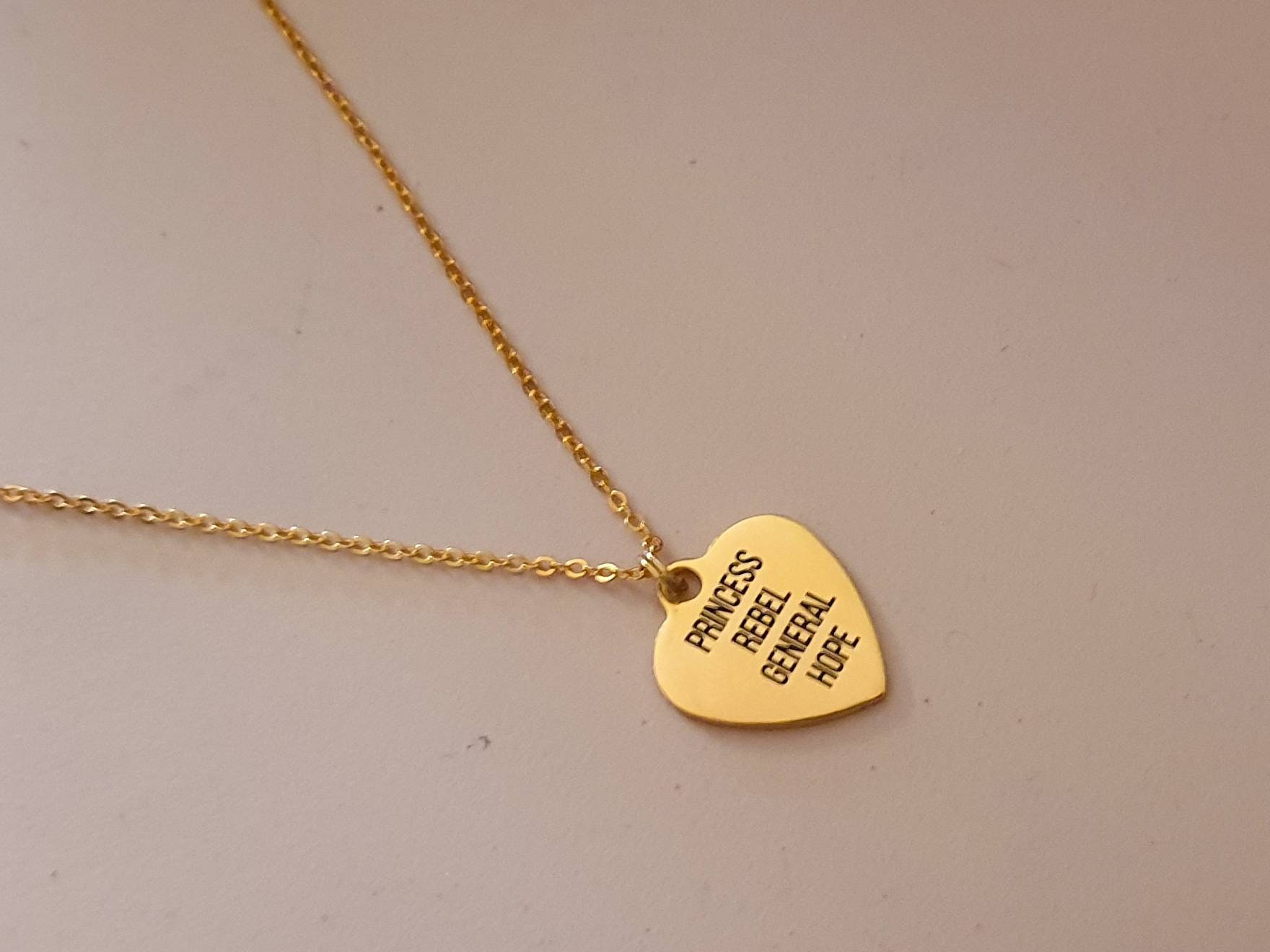Princess, General, Rebel, Hope necklace| Gold Heart Charm necklace inspired  by Princess Leia