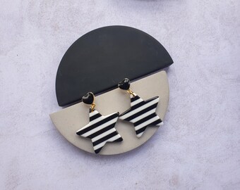 Large acrylic black and white star earrings with black heart studs| 80s style earrings| star statement earrings