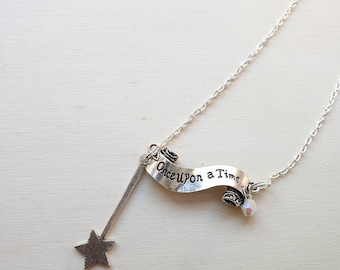 Once Upon A Time necklace| Charm necklace on with banner and wand charms