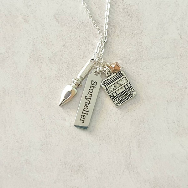 Storyteller necklace| Charm necklace with typewriter and pen charms.  Writer gift