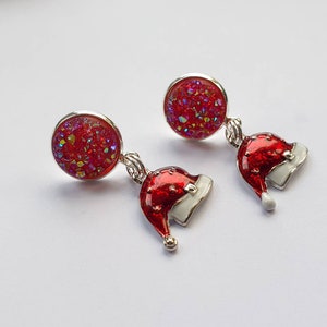 Santa Hat festive earrings with sparkling cranberry studs image 1