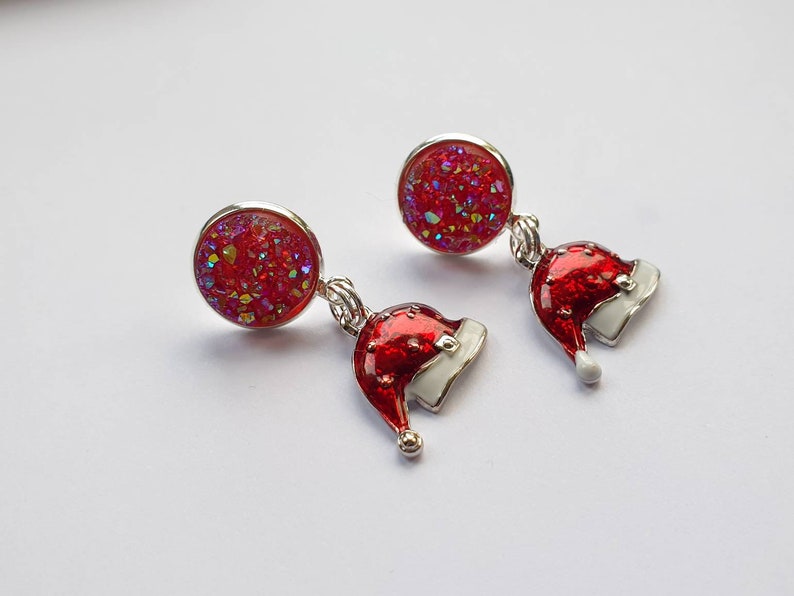 Santa Hat festive earrings with sparkling cranberry studs image 1