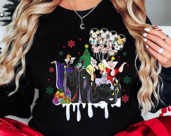 Disney schurken kerstshirt, boze koningin malafide Ursula kerstshirt, Mickey ballonnen kerstcadeau, Disneyland familie kerstvakantie T-shirt