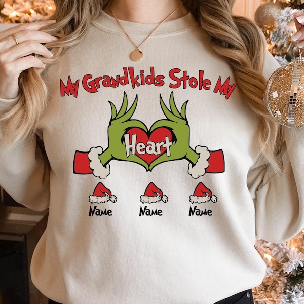 My Grandkids Stole My Heart Shirt, Grandma Christmas Sweatshirt, Custom Family Christmas Trip Tee, Grandkids Xmas Gift Tee