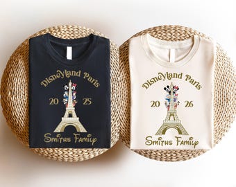 Disneyland Paris-tröja, personlig familjetröja med Mickey & Friends-motiv, semestertröja med Eiffeltornet 2026, resetröja med Minnie och Daisy-motiv