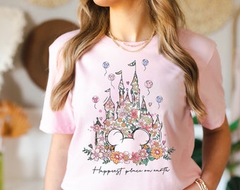 Maglietta Disney Floral Castle, Maglietta Happiest Place on Earth, Maglietta Disney vintage, Maglietta Magic Kingdom, Maglietta Disneyland, Magic Kingdom