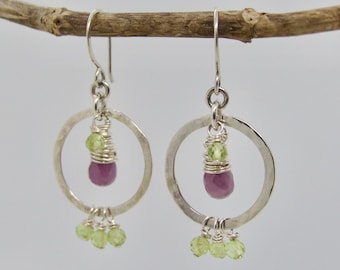 Peridot And Sapphire Silver Hoop Earrings, Sterling Silver Gemstone Hoop Earrings, Sterling Silver Hammered Hoop Dangle Earrings