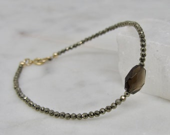 Pyrite And Smoky Quartz Bracelet, Handmade Dainty Faceted Pyrite And Smoky Quartz Bracelet, Dainty Gemstone Bracelet