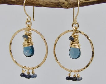 London Blue Topaz Gold Hoop Earrings, Handmade 14 Karat Gold Filled Topaz Gemstone Earrings, Dainty Gold Hoop Earrings