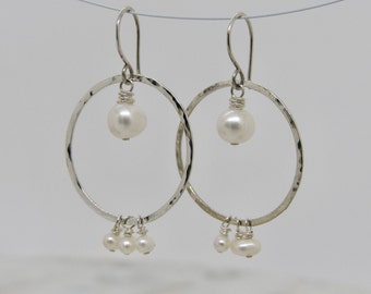 Hammered Sterling Silver Freshwater Pearl Earrings,Silver  Pearl Hoops