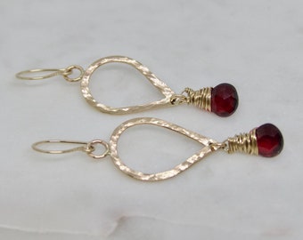 Gold Hoop Garnet Gemstone Earrings, Hammered 14 Karat Gold Filled Hoops With Faceted Garnet, Garnet Gemstone Gold Hoop Earrings