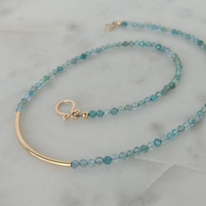 Faceted Apatite Necklace with Gold Curve Bar – 14k Gold-Filled Handmade Necklace – Blue Gemstone Jewelry – Minimalist Beaded Necklace