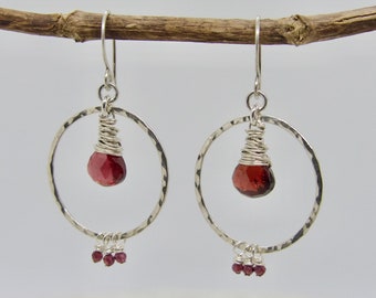 Sterling Silver Garnet Gemstone Earrings, Handmade Wire Wrapped Garnet Hammered Sterling Hoop Earrings, Dainty Gemstone Hoops